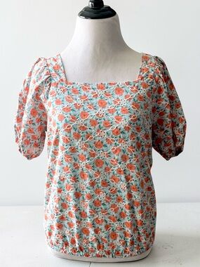 NWOT SOLITAIRE orange and blue floral cottagecore coquette puff sleeve top large